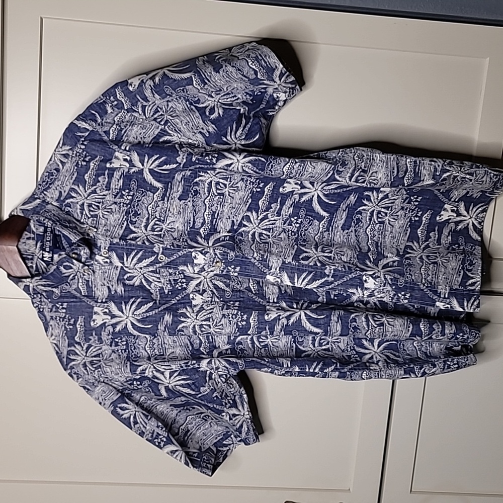 Big Dogs Button Up Shirt Mens Blue Floral Dog Palms Beach Size L